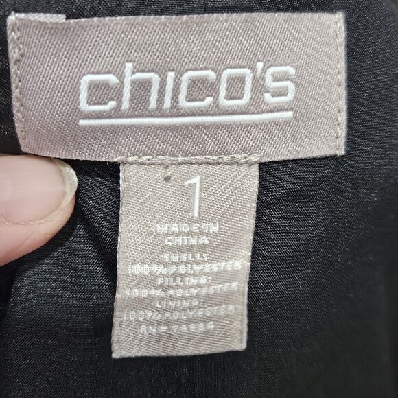 Chicos Chevron Pattern Quilted Vest Ruched Black Collar Zip Front Pockets Size 8 - Picture 4 of 12